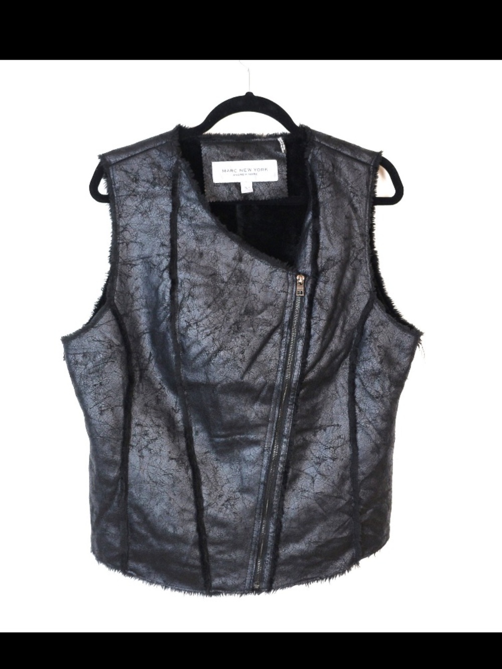 Black Vegan Leather Vest Marc New York Andrew Marc Zip up Black Faux Fur M